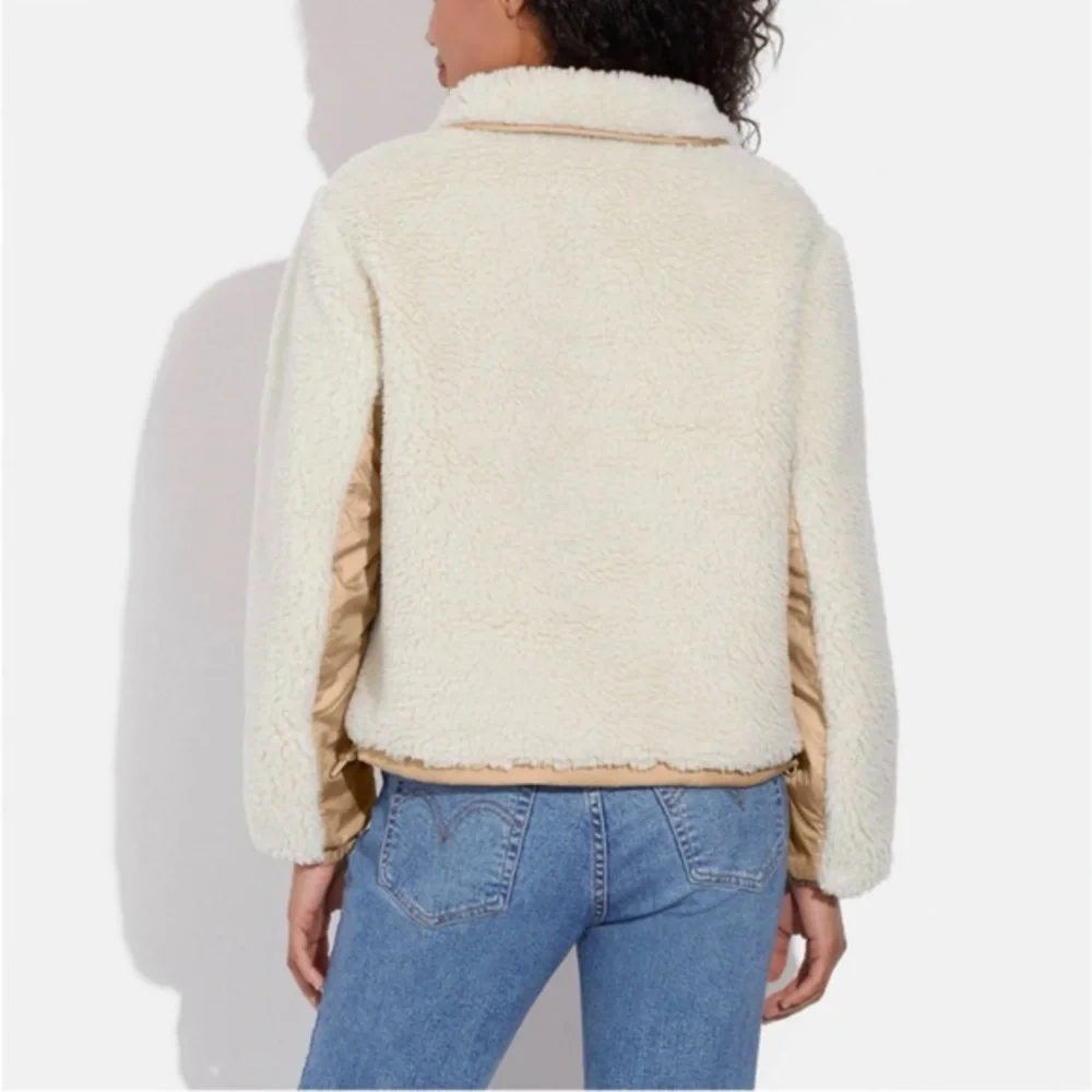 NWT COACH Sherpa Jacket Stand-Up Collar‎ Pull Over In Recycled Polyester Cream